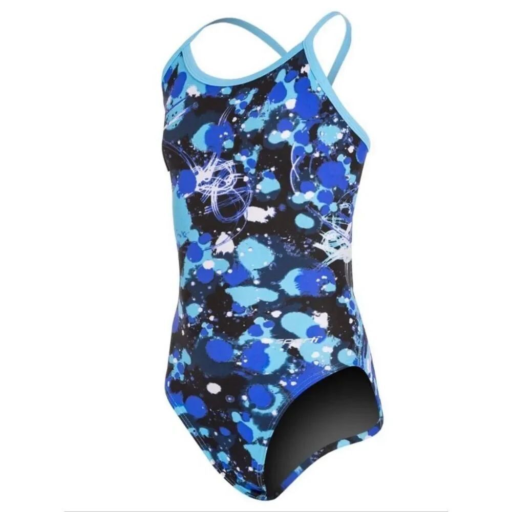 Sporti Youth 28 Paint Splatter Thin Strap One Piece Swimsuit Blue